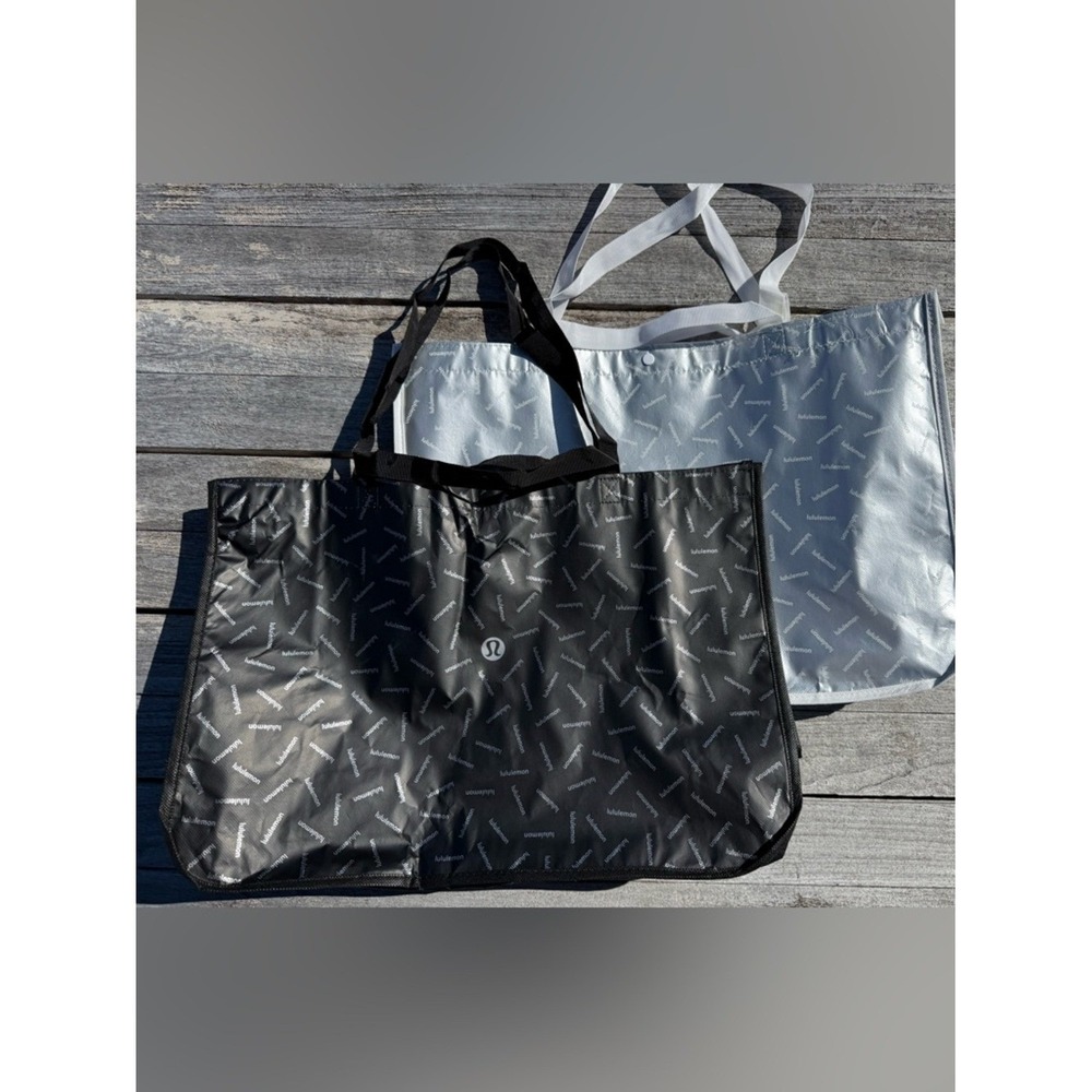 Lululemon large Reusable Tote Bags Bundle Silver & Black Logo Print Shopper